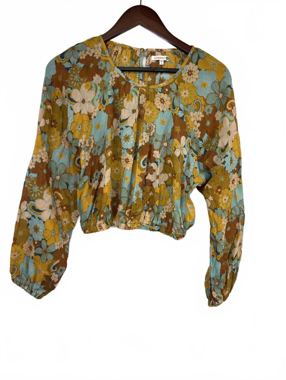 Sundry Size 2 Floral Long Sleeve Cropped Blouse in Mustard and Teal